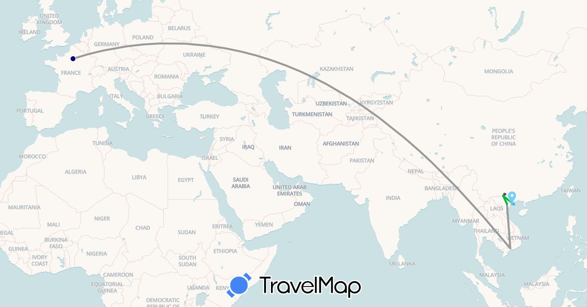 TravelMap itinerary: driving, bus, plane, boat, motorbike in France, Vietnam (Asia, Europe)