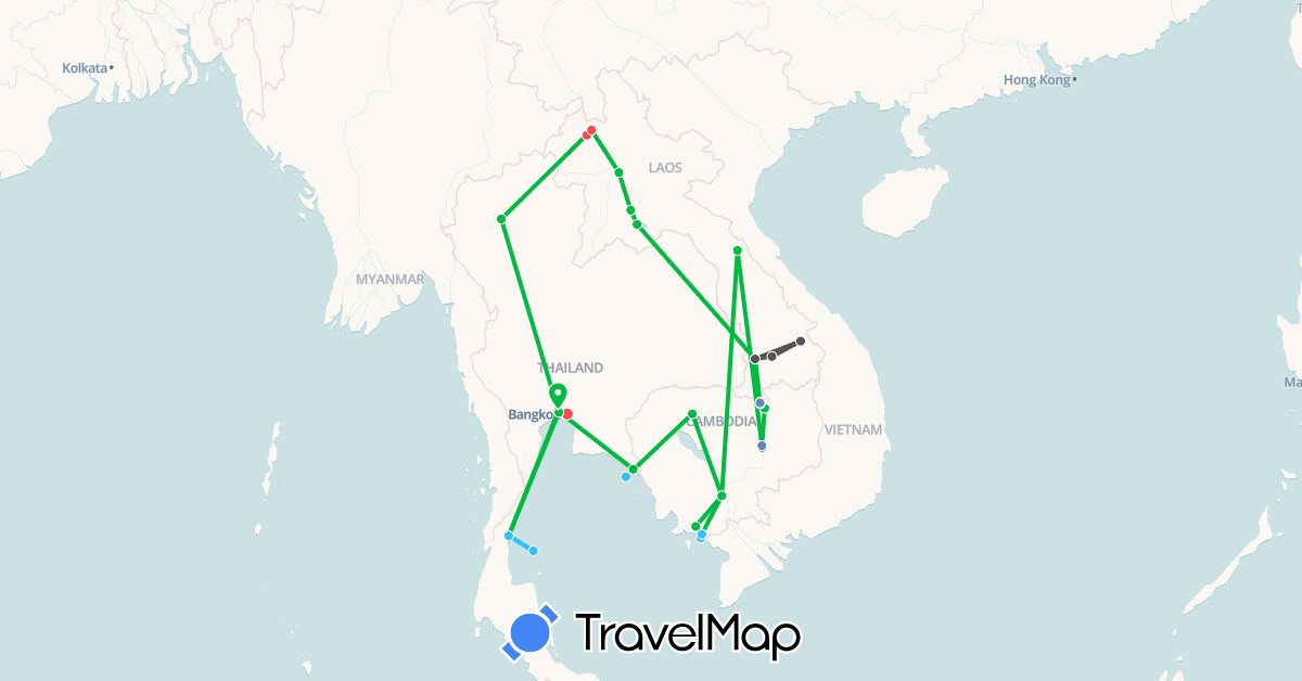 TravelMap itinerary: bus, plane, cycling, hiking, boat, motorbike in Cambodia, Laos, Thailand (Asia)