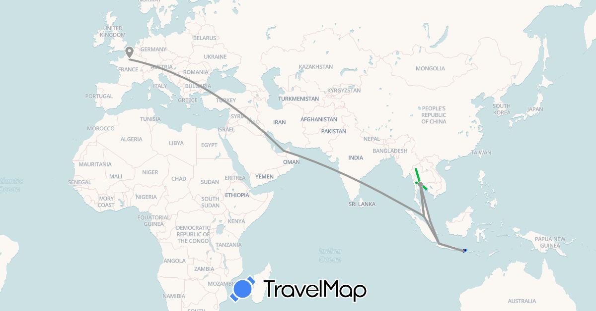 TravelMap itinerary: driving, bus, plane, boat, motorbike in United Arab Emirates, France, Indonesia, Malaysia, Singapore, Thailand (Asia, Europe)